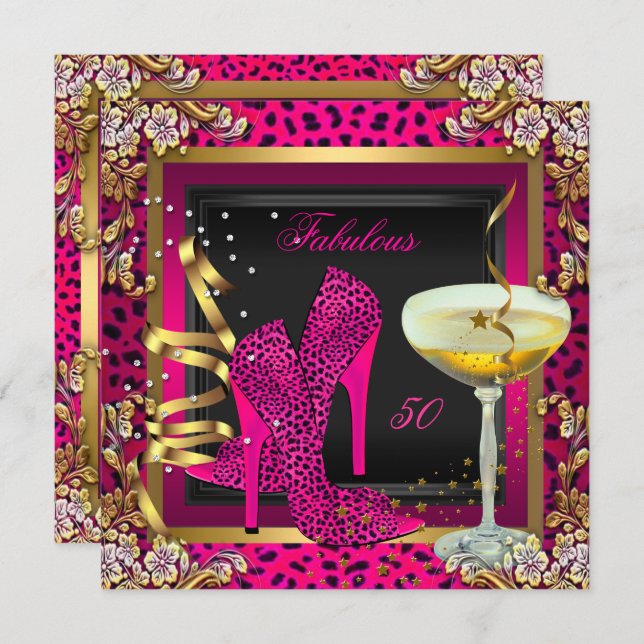 Fabulous 50 Cherry Pink Leopard Birthday Invitation (Front/Back)