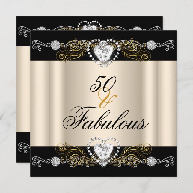 Fabulous 50 Cream Black Silver Gold 50th Birthday Invitation (Front/Back)