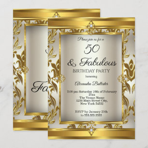 Fabulous 50 Cream Gold Damask Birthday Party Invitation