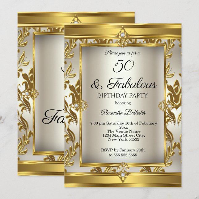 Fabulous 50 Cream Gold Damask Birthday Party Invitation (Front/Back)