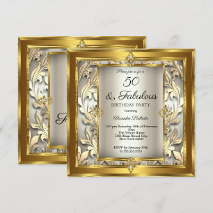 Fabulous 50 Cream Gold floral Damask Birthday Invitation