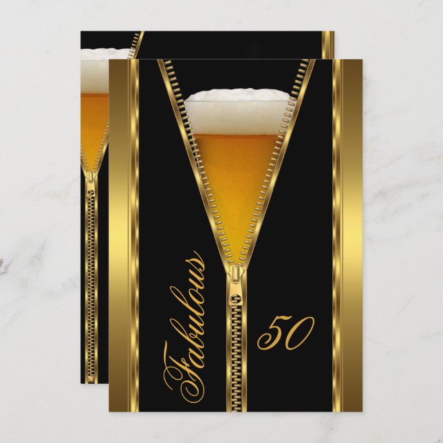 Fabulous 50 Elegant Zipper Gold Beer Drink Invitation (Front/Back)