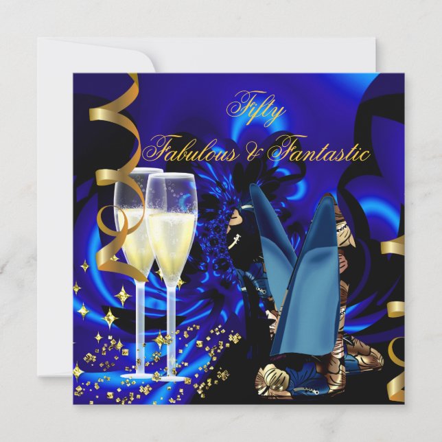 Fabulous 50 Fantastic Abstract Blue Gold Birthday Invitation (Front)