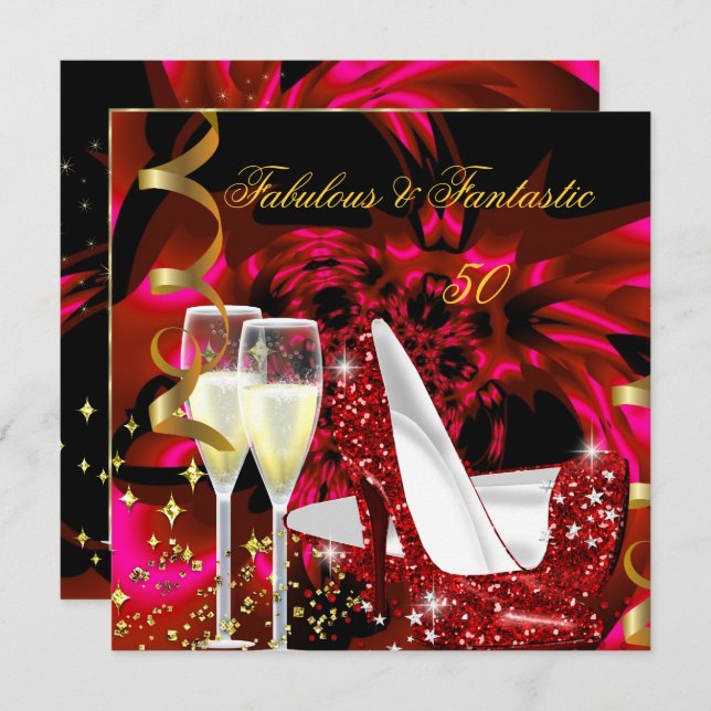 Fabulous 50 Fantastic Abstract Red Gold Birthday 2 Invitation (Front/Back)