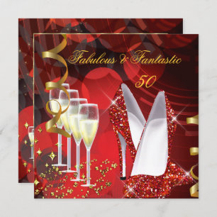 Fabulous 50 Fantastic Champagne Red Gold Birthday Invitation