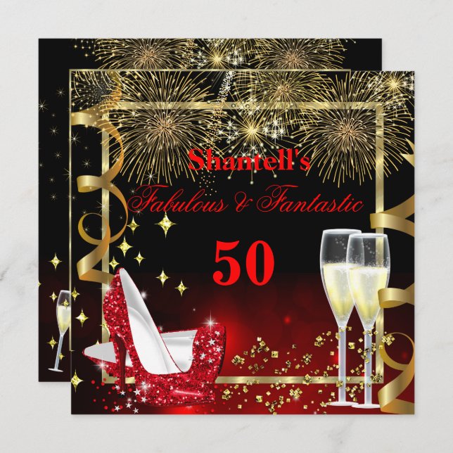 Fabulous 50 Fantastic Festive Red Gold Party Invitation (Front/Back)