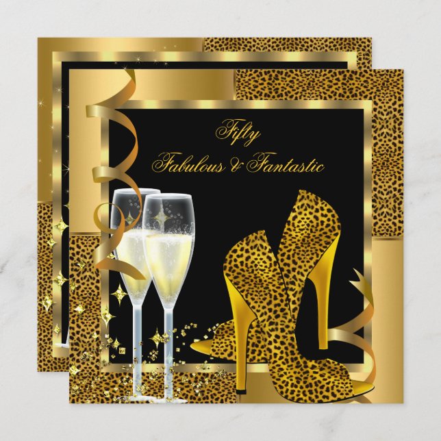 Fabulous 50 & Fantastic Leopard Black Gold Party Invitation (Front/Back)
