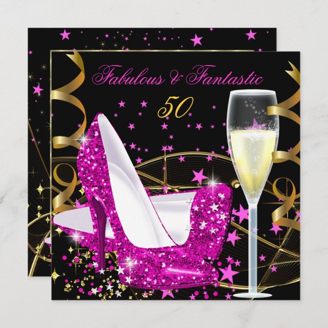 Fabulous 50 Fantastic Pink Hi Heels Gold Party Invitation (Front/Back)