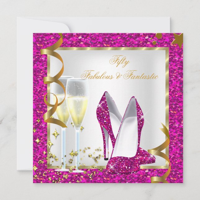 Fabulous 50 Fantastic Pink White Gold Birthday Invitation (Front)