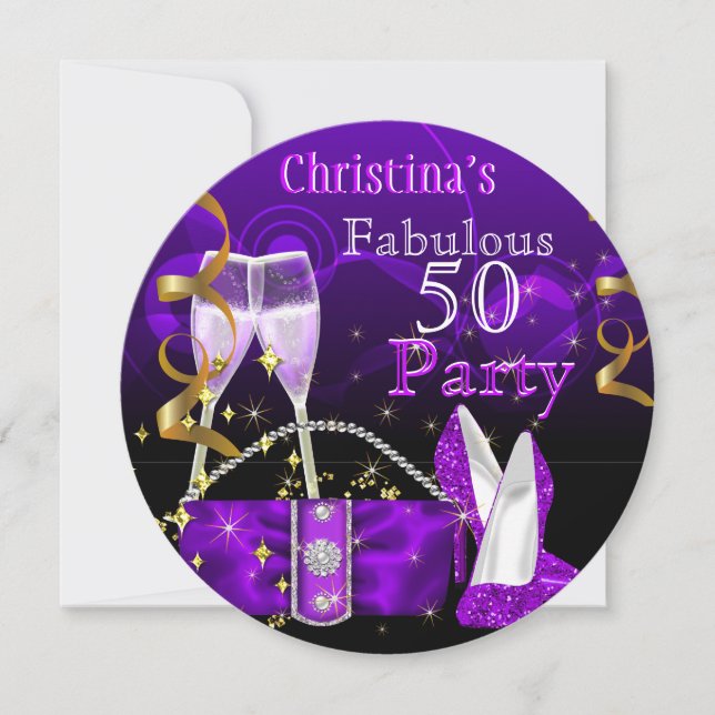 Fabulous 50 Fantastic Purple High Heels Champagne Invitation (Front)