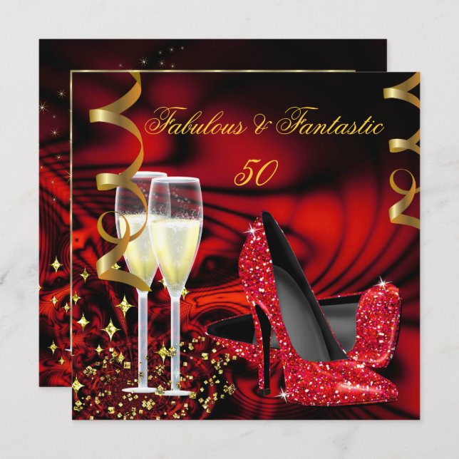 Fabulous 50 Fantastic Red Gold Abstract Birthday Invitation (Front/Back)