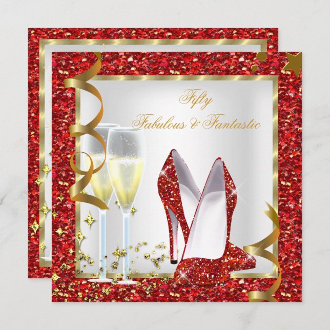 Fabulous 50 Fantastic Red White Gold Birthday Invitation (Front/Back)