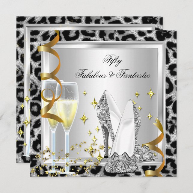 Fabulous 50 & Fantastic Silver Leopard Birthday Invitation (Front/Back)