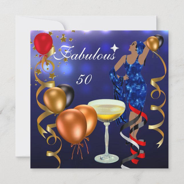 Fabulous 50 Fifty Diva Blue Black Red Lights Invitation (Front)