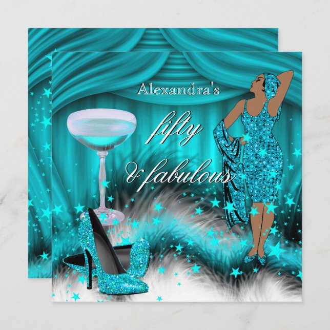 Fabulous 50 Glamourous Teal Blue High Heel Birthda Invitation (Front/Back)