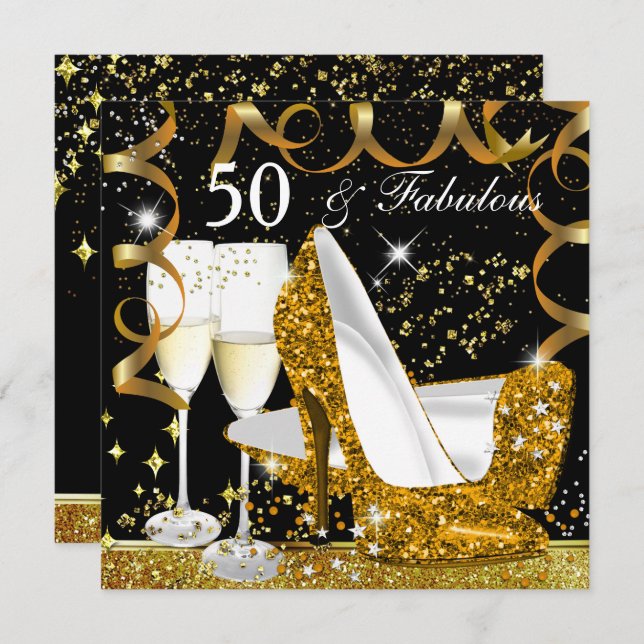 Fabulous 50 Glitter Gold Heel Glitz Glam Party Invitation (Front/Back)