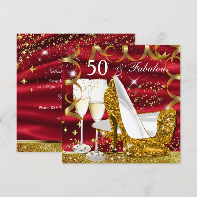 Fabulous 50 Glitter Gold Heel Red Glitz Glam Party Invitation (Front/Back)