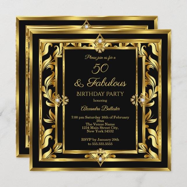 Fabulous 50 Gold Black Damask Birthday Party Invitation (Front/Back)
