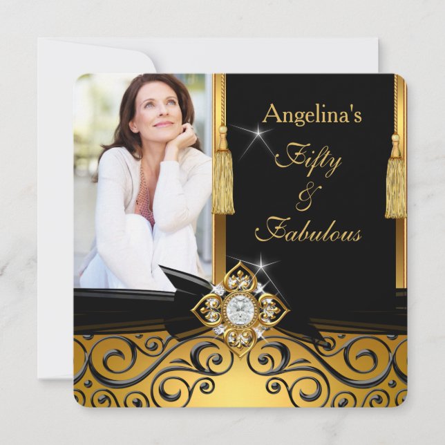 Fabulous 50 Gold Black Damask Photo Birthday Party Invitation (Front)