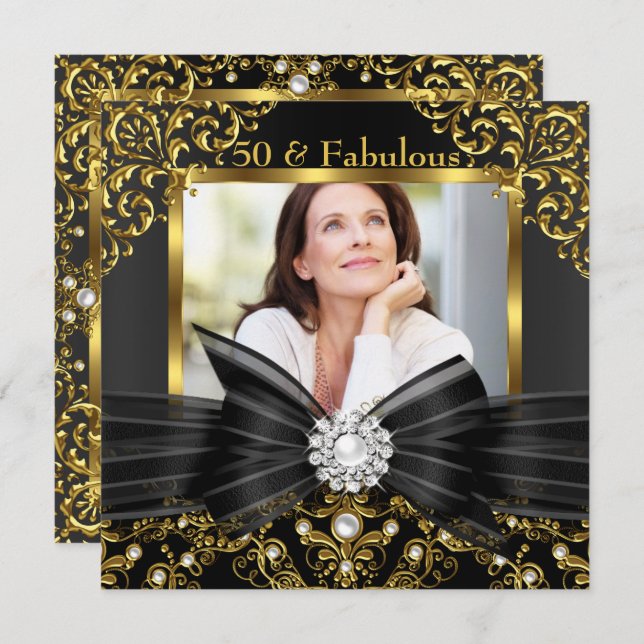 Fabulous 50 Gold Black Pearl Bow & Damask Birthday Invitation (Front/Back)