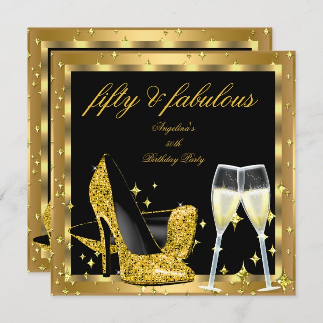 Fabulous 50 Gold Champagne High Heels Birthday 2 Invitation (Front/Back)