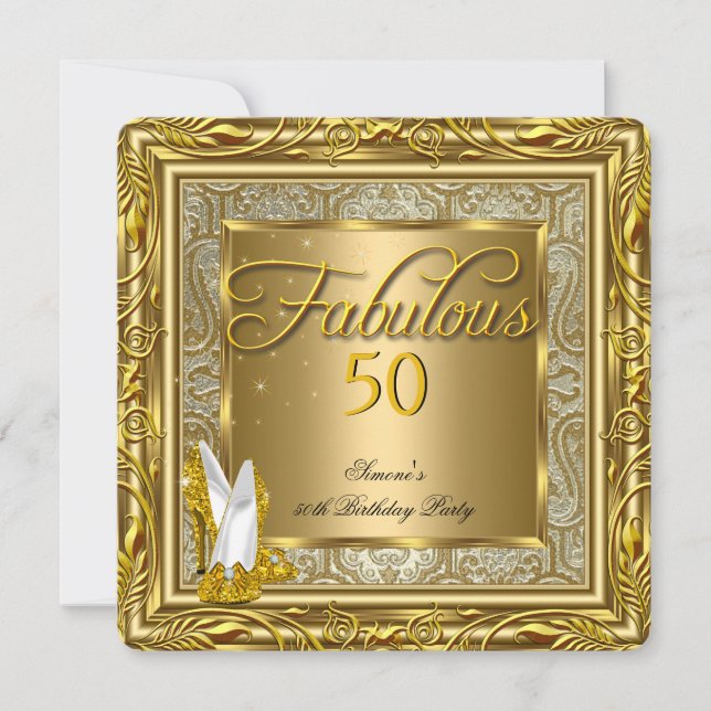 Fabulous 50 Gold Damask High Heels Birthday Party Invitation (Front)