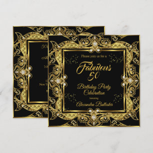 Fabulous 50 Gold Jewel Black Birthday Party Invitation