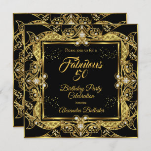 Fabulous 50 Gold Jewel Black Birthday Party Invitation