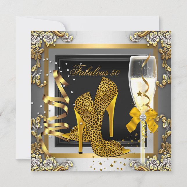 Fabulous 50 Gold Leopard Silver Champagne Birthday Invitation (Front)