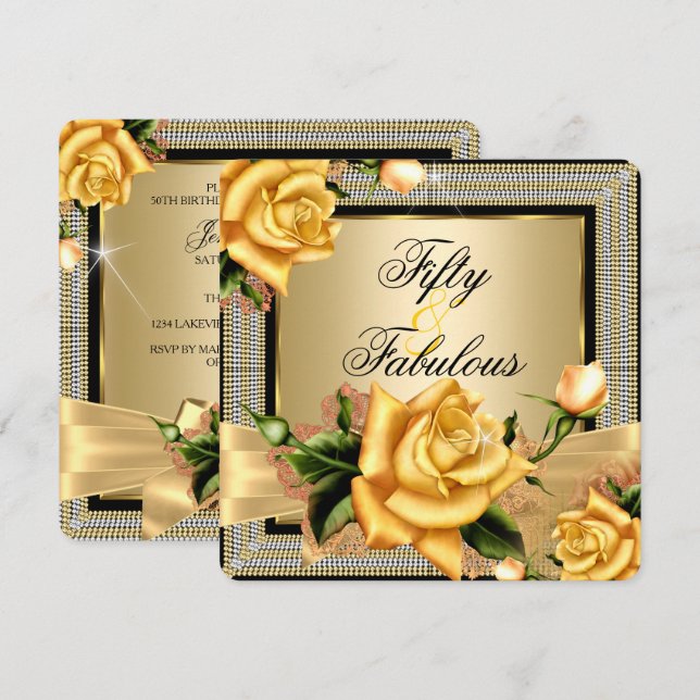 Fabulous 50 Gold Yellow Rose Black Birthday Invitation (Front/Back)