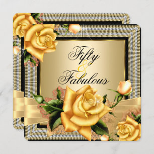 Fabulous 50 Gold Yellow Rose Black Birthday Invitation
