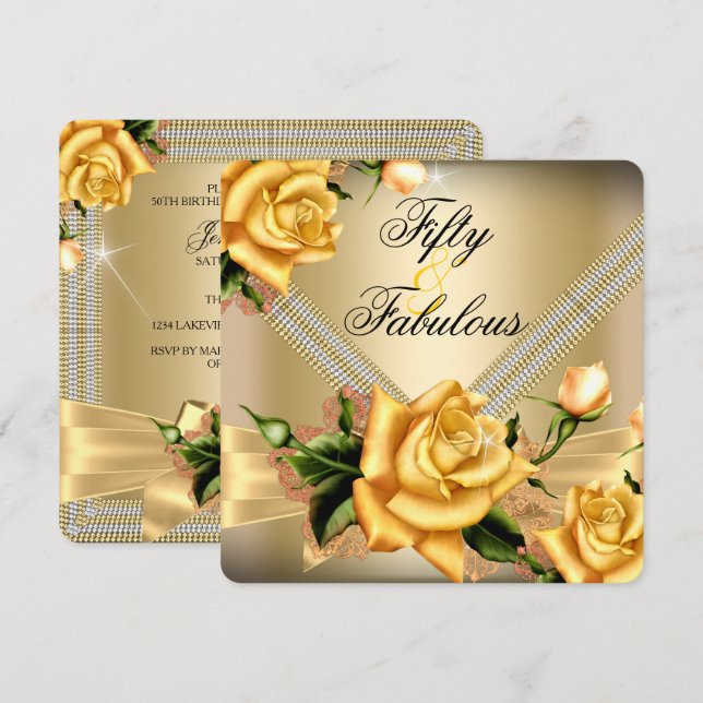 Fabulous 50 Gold Yellow Rose Floral Birthday Party Invitation (Front/Back)