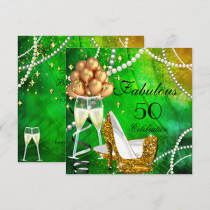 Fabulous 50 Green Gold Heels Champagne Birthday Invitation