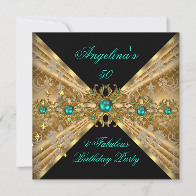 Fabulous 50 Jade Green Gold Damask Birthday Party Invitation (Front)
