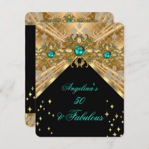 Fabulous 50 Jade Green Gold Damask Birthday Party Invitation