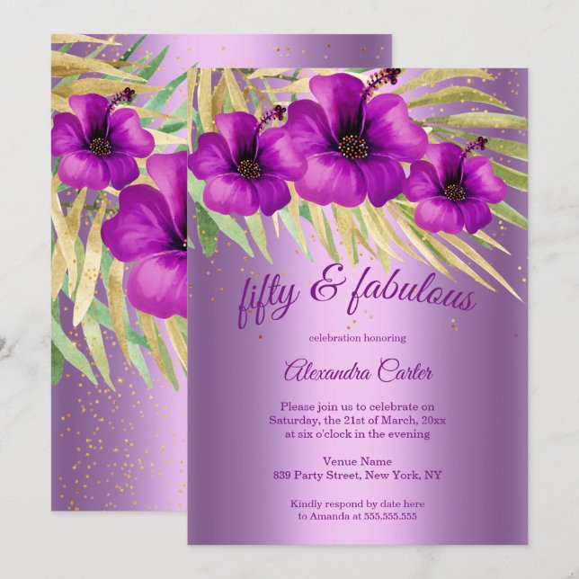 Fabulous 50 Lilac purple Hibiscus floral party Invitation (Front/Back)
