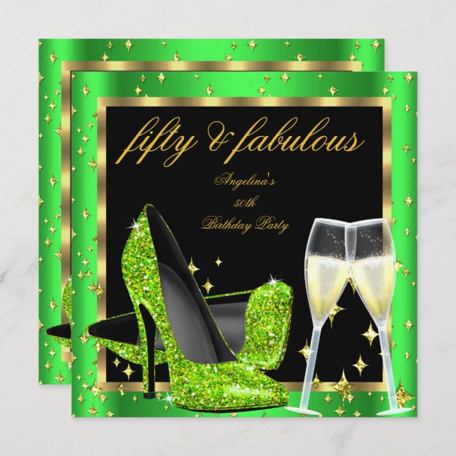 Fabulous 50 Lime Green Champagne Heels Birthday Invitation (Front/Back)