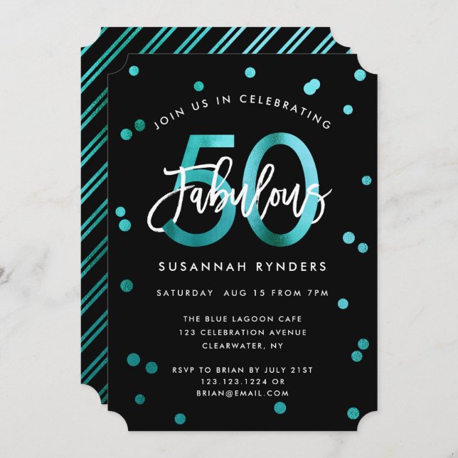 Fabulous 50 | Modern Elegant Girly Teal Birthday Invitation (Front/Back)