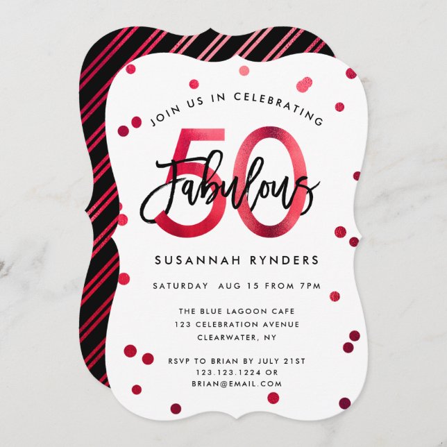 Fabulous 50 | Modern Elegant Red Brushed Birthday Invitation (Front/Back)