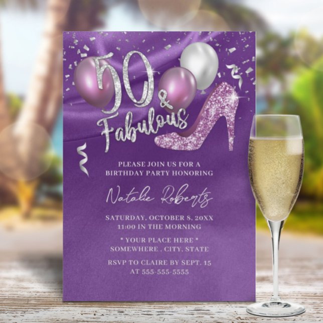 Fabulous 50 Modern SIlk Purple Girl 50th Birthday Invitation (Creator Uploaded)