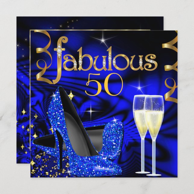 Fabulous 50 Party Abstract Blue High Heels Gold Invitation (Front/Back)