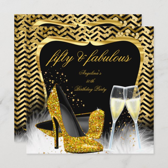 Fabulous 50 Party Black Gold Chevron Champagne Invitation (Front/Back)