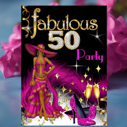 Fabulous 50 Party Glitter Hot Pink Dress Champagne Invitation