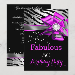Fabulous 50 Party Pink Zebra Black Silver Pearl Invitation
