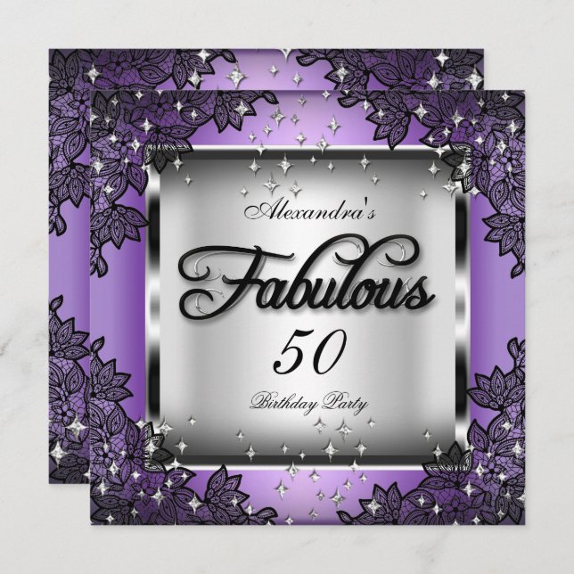 Fabulous 50 Party Purple Silver Stars Black Lace Invitation (Front/Back)