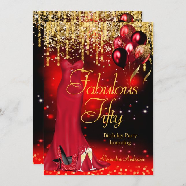 Fabulous 50 Party Red Glitter Gold Heels Dress Invitation (Front/Back)
