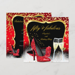 Fabulous 50 Party Red Gold Champagne Glitter Heels Invitation