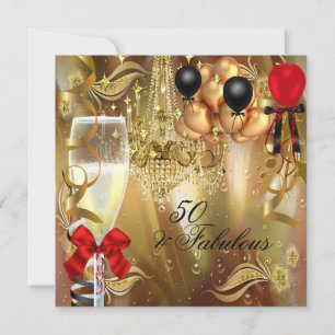 Fabulous 50 Party Red Gold Champagne Party Invitation