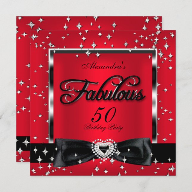 Fabulous 50 Party Red Silver Stars Black Invitation (Front/Back)