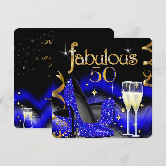 Fabulous 50 Party Royal Blue High Heels Gold Black Invitation (Front/Back)